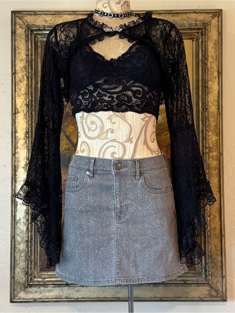 Express Gray Snakeskin Printed Denim Mini Skirt